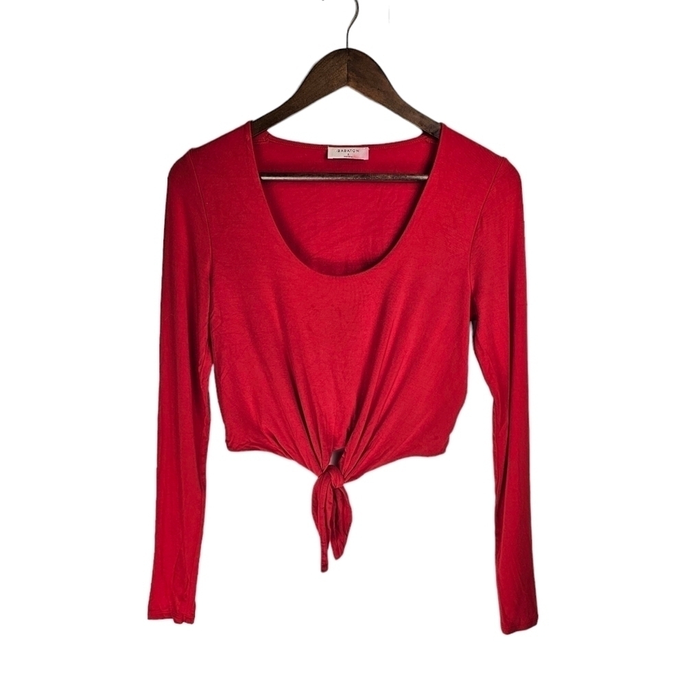 Babaton Artizia Red Tie Front Long Sleeve Cropped Blouse Sz S